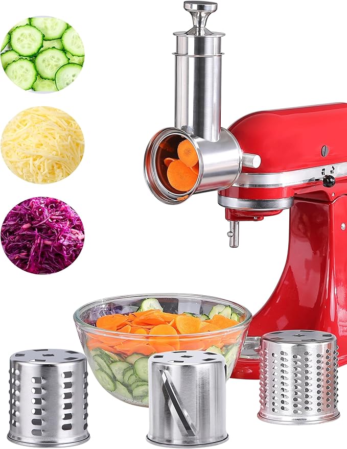 FavorKit Fresh Prep Slicer Shredder Attachment for KitchenAid Stand Mixers, Stainless Steel Large Salad Maker,Cheese Grater Accessories with 3 Thick Blades,Dishwasher Safe