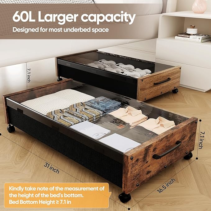 KITHELP Wooden Under Bed Storage with Wheels, Rolling Under the Bed Storage Bins with Removable Lid, Metal Under Bed Drawers for Clothes and Shoes in Bedroom or Living Room(Black Wood-2pack)