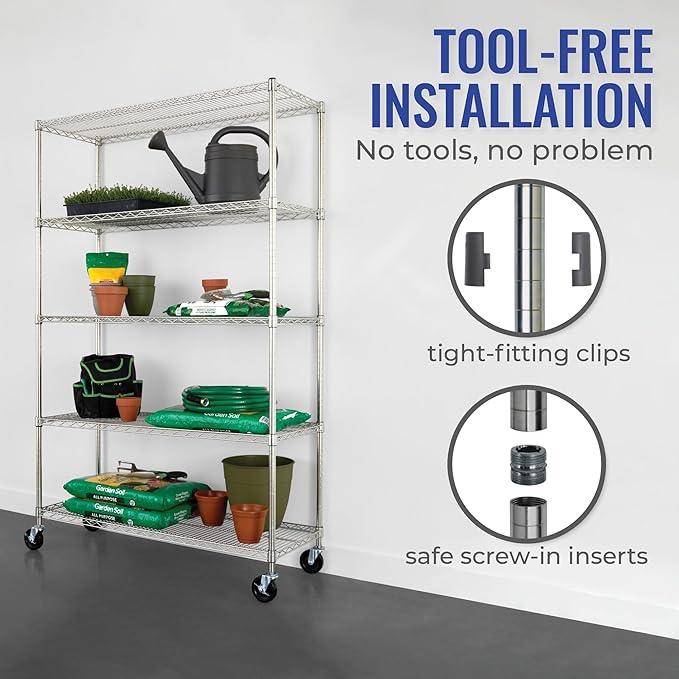 SafeRacks - NSF Certified Storage Shelves, Zinc, Heavy Duty Steel Wire Unit with Wheels and Adjustable Feet, Garage or Bakers Rack, Kitchen, Pantry Shelf - (18"x48"x72" 5-Tier) (Silver)