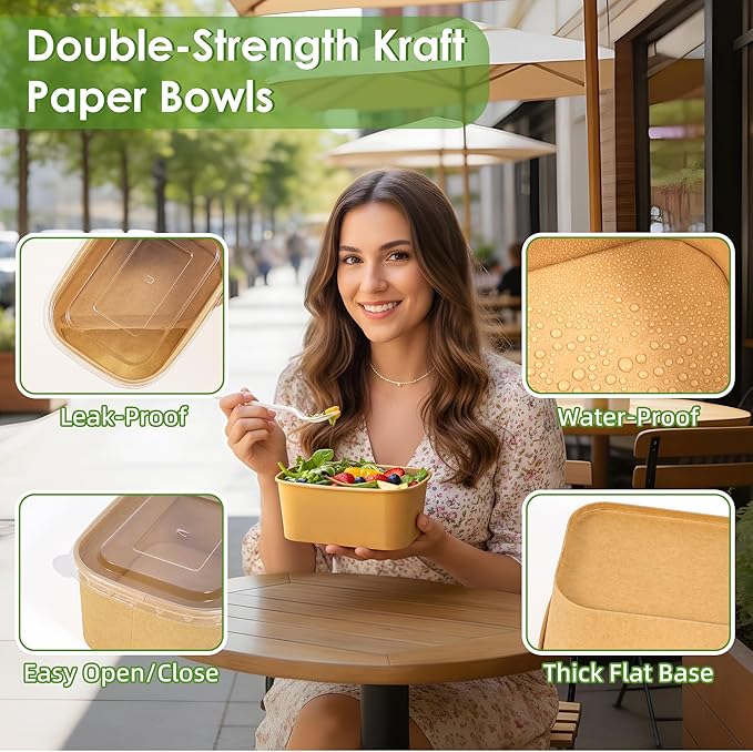 FEHHTO 50-Pack 30oz Meal Prep Containers Disposable Kraft Paper Bowls with Lids & Compostable Cornstarch Forks, Extra Large Heavy Duty Food Containers, Microwave & Freezer Safe for Hot & Cold Foods