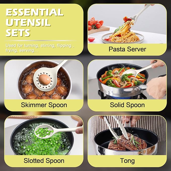 Homikit Kitchen Utensils Set, 15pcs Silicone Cooking Utensil Heat Resistant Spatula Set with Holder for Nonstick Cookware, Useful Kitchen Gadgets & Pots and Pans Accessories, White