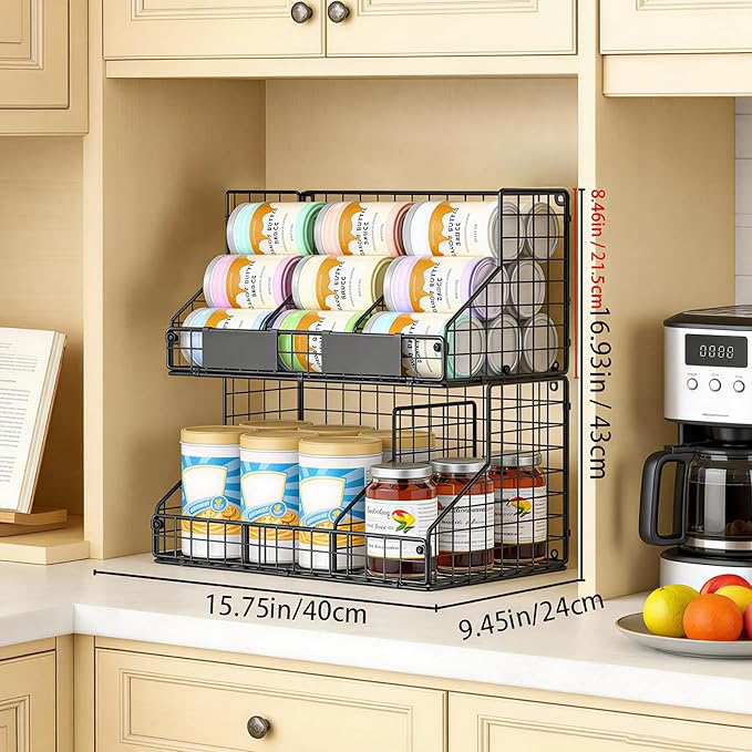 2 Tier Pantry Organizers and Storage Shelf, Stackable Can Organizer for Canned Food and Goods, Metal Wire Rack with 4 Adjustable Dividers Holds 60+ Cans for Under Cabinet Countertop