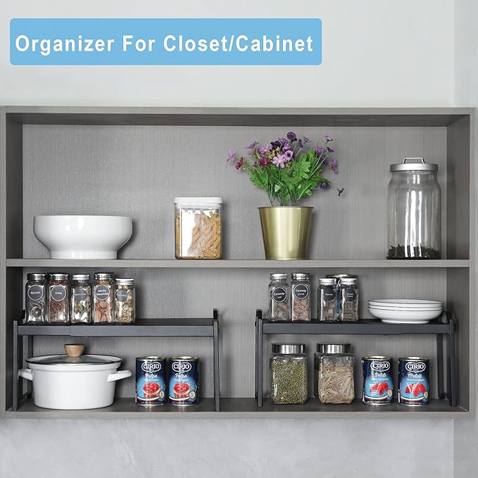 X-cosrack 25.5 Inches 3 Pack Expandable Cabinet Shelves, Stackable Shelf Organizer for Kitchen Cabinet Countertop Storage, Adjustable Counter Cupboard Pantry Organizer Shelf Rack Stand Riser, Black
