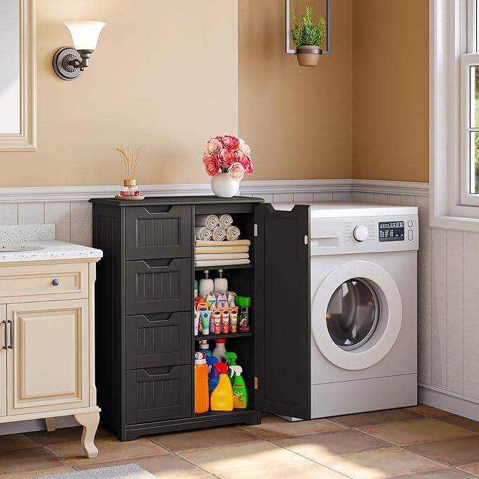 Gizoon Small Pantry Cabinet with Door and Shelves, 33'' Kitchen Pantry Cabinet Freestanding Wooden Bathroom Storage Cabinet with 4 Drawers for Kitchen and Dining Room, Black