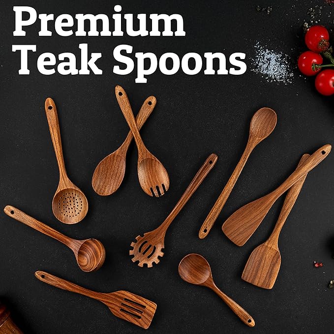 PriorityChef Wooden Pasta Spoon – Handcrafted Teak Wood Spaghetti Spoon Server for Stirring & Serving – Durable, Nonstick Safe, and Easy to Clean Utensil