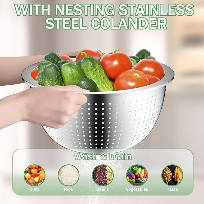 DUTZUN Mixing Bowls with Lids Set, Stainless Steel Mixing Bowls with Colander, Strainer with Mixing Bowl Set, Kitchen Gadgets Bowl Christams Gift, Size 4.5, 2.5, 2, 1.5QT - Black