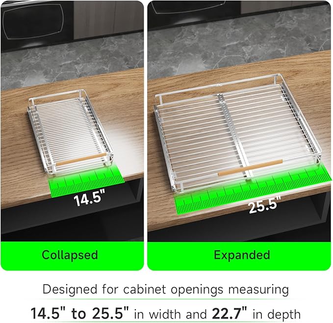 SOFRON Expandable Pull Out Drawers for Cabinets, Kitchen Cabinet Slide Out Shelves, Adjustable Roll Out Drawers, Stainless Steel, Large 1 Pack, (14.5"-25.5") Cabinet Width x 22.7" Depth