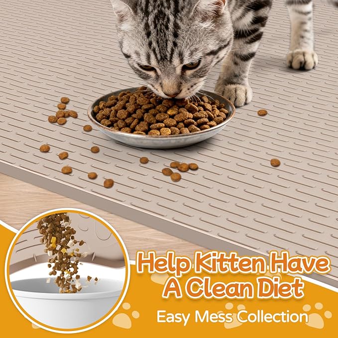 Lanstics Cat Food Mat, 40" x 28" Large Silicone Mat Cat Feeding Mat with Raised Edge Non-Slip Pet Feeding Mat for Food and Water Bowl, Easy to Clean, Floor Protection (Khaki)