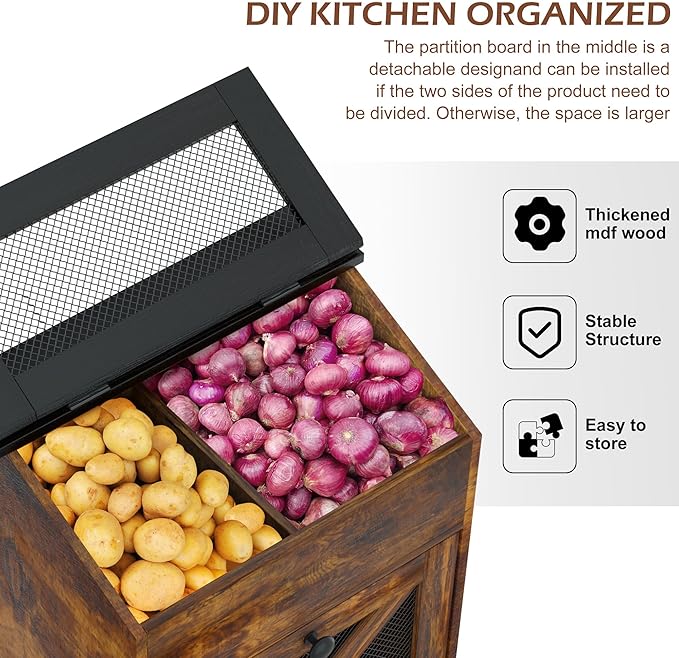Wooden Potato and Onion Storage Bin w/Lid, Large Capacity and Ventilated Design, Ideal for Pantry, Kitchen Brown