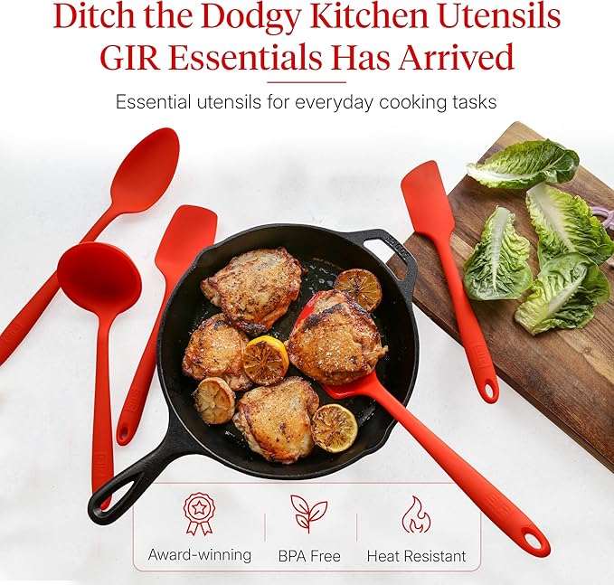 GIR: Get It Right 5-Piece Silicone Essentials Kitchen Utensils Set - Ladle, Spatula, Flip, Spoon & Spoonula - Non-Toxic Cooking Utensils for Nonstick Cookware, Cooking and Baking - Fire Red