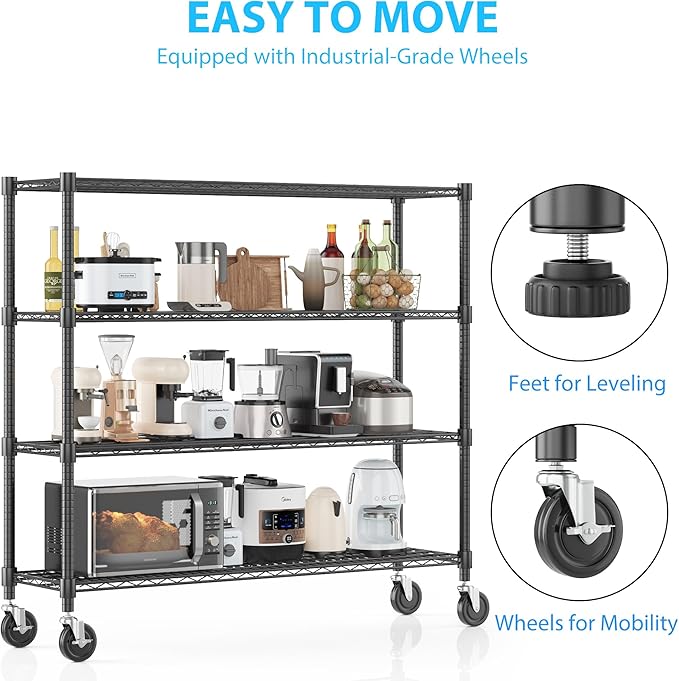 Homdox Heavy Duty Metal Shelves for Storage, 4 Tier Storage Racks and Shelving, Commercial Adjustable Wire Shelving Unit on Wheels, Garage Rack Pantry Shelves Kitchen Shelving, 18"x60"x72", Black
