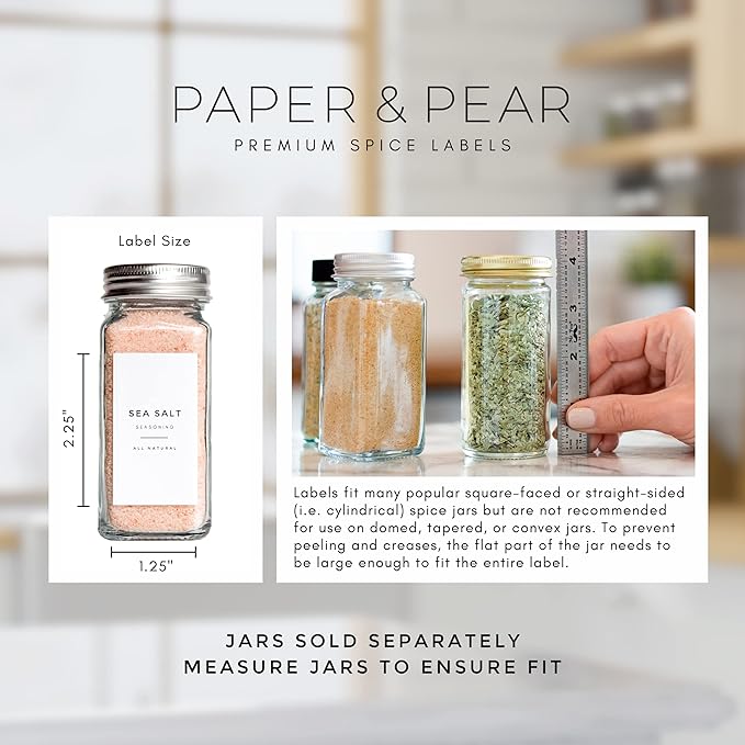 Modern White Spice Labels Stickers Preprinted Waterproof by Paper & Pear - Oil Resistant Kitchen Pantry Labels for Home Improvement - 2.25x1.25 Inches Pantry Stickers - Set of 80 (No Jars)