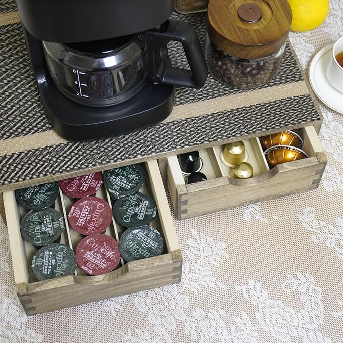 DDYURI Coffee Pods Storage Drawer Holder for Capsules - Multi Functional Desk Organizer Drawers For K cups Coffee Maker Brew - Kitchen Mini Wooden Box Chest Sideboard Counter Organization CF1D2C Dark