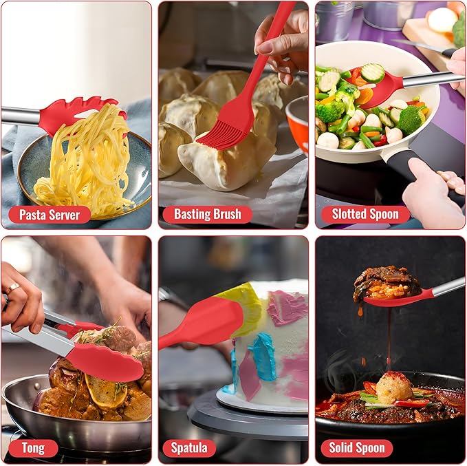 E-far 14 Pieces Silicone Cooking Utensils Set, Kitchen Utensils Set with Holder, Spatula, Ladle, Spoon, Tong, Slotted Turner for Nonstick Cookware, 446°F Heat Resistant & Stainless Steel Handle, Red