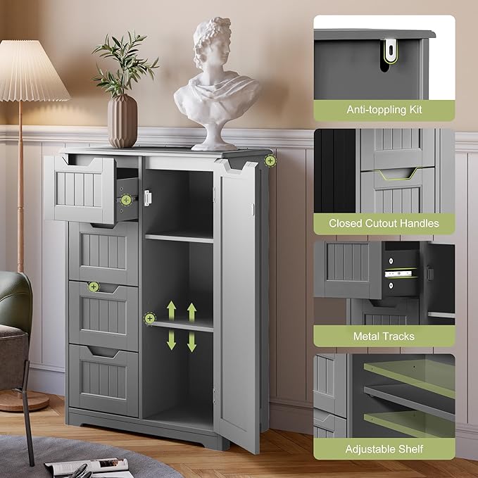 Gizoon Small Kitchen Pantry with Door and Shelves, 33'' Pantry Cabinet Freestanding Wooden Bathroom Storage Cabinet with 4 Drawers for Kitchen and Dining Room, Gray
