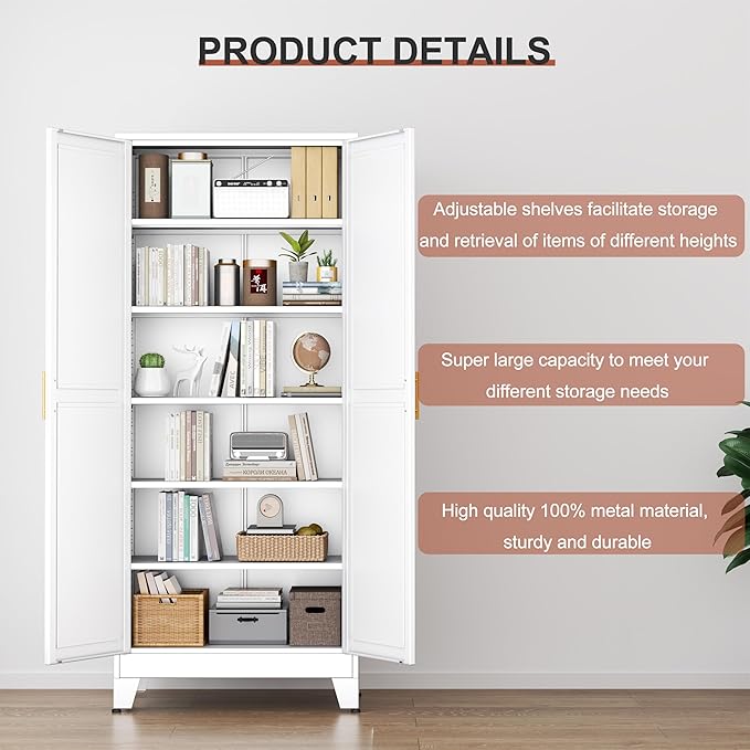 PAOFIN Kitchen Pantry Storage Cabinet with Doors and Adjustable Shelves, Metal ClosetMaid Food Pantry Cabinets, 75" Tall Freestanding Cupboard for Kitchen, Laundry or Utility Room, White