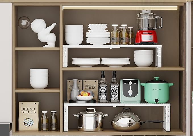 Jojocross Expandable Adjustable Stackable Kitchen Organizer, Spice Rack,Metal Pantry Storage Shelves Racks,Counter Shelf for Cabinets, Countertop, Cupboard (3 Packs/Medium/White)