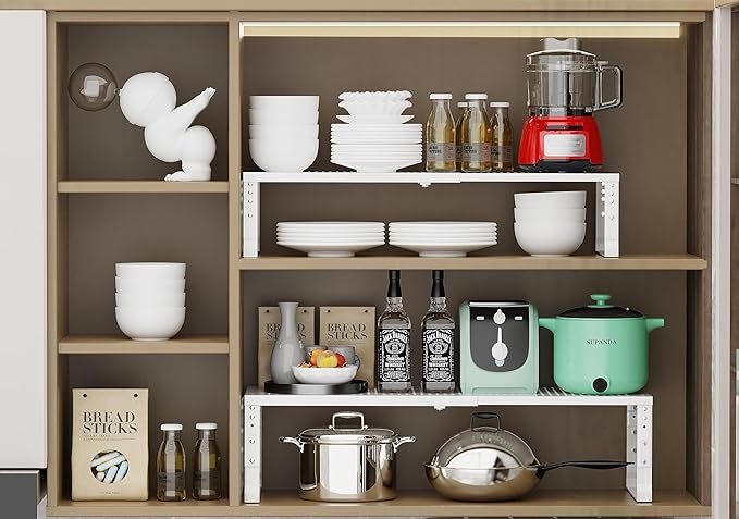 Jojocross Expandable Adjustable Stackable Kitchen Organizer, Spice Rack,Metal Pantry Storage Shelves Racks,Counter Shelf for Cabinets, Countertop, Cupboard(2 Packs/Large/White)