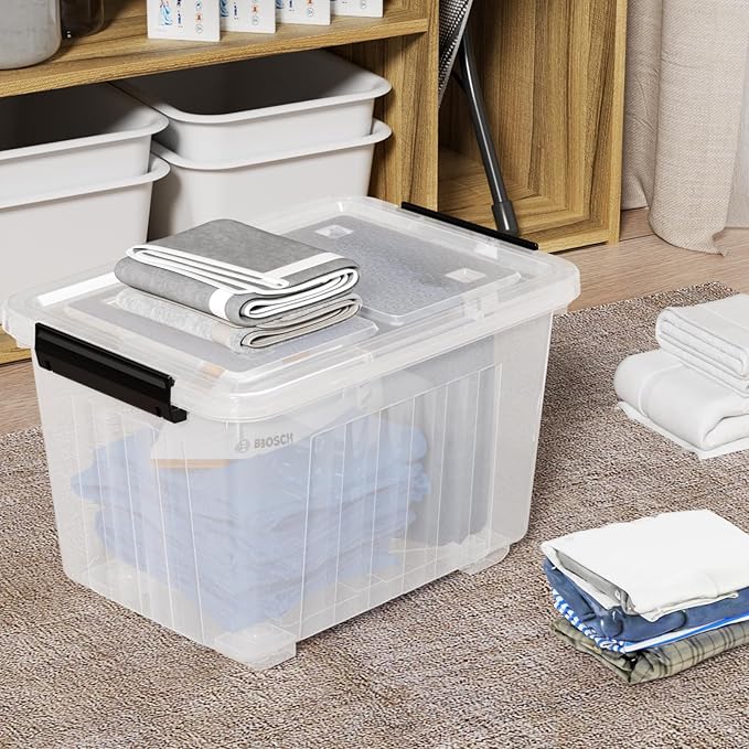 30 Quart 4 Pack Plastic Storage Bins with Latching Lids and Wheels, Clear Latch Box Container