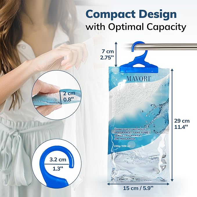 Hanging Moisture Absorber Bags, Dehumidifier Bags for Closet, Wardrobe and Laundry Room, Reduce Moisture, Odors, and Dampness, Long-Lasting Humidity Control, 16.9 oz per Bag (Pack of 10)
