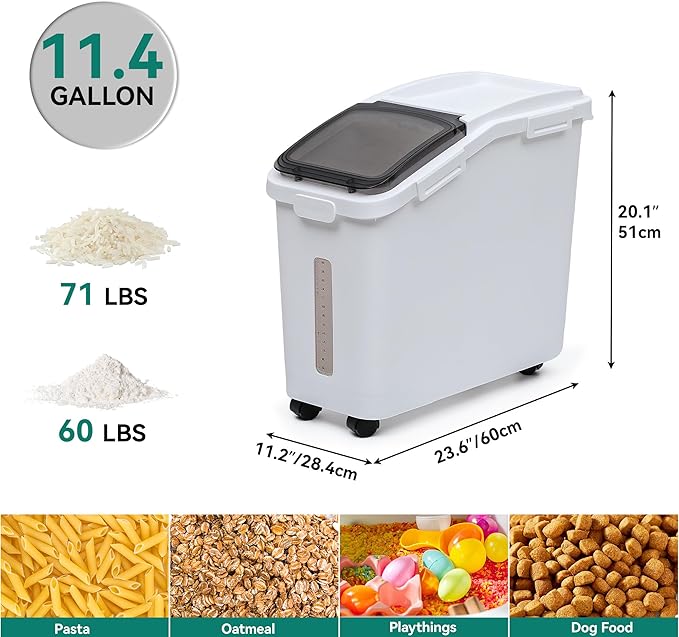 YITAHOME Large Flour Storage Container Ingredient Bins, 11.4-Gallon Rice Food storage Containers Bins with Wheels, Scoop and Airtight Lid for Bulk Rice, Cereal Grain, Sugar, White