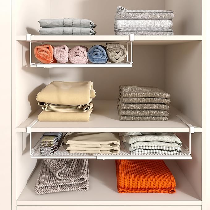 Expandable Under Cabinet Shelf, Extendable Under Shelf Storage with 1.25 Inches Thick Clips for Shoe Rack, Pantry Cabinet, Laundry Room. (White, 2 Pack, Interior: 6" H x 8.26" D)