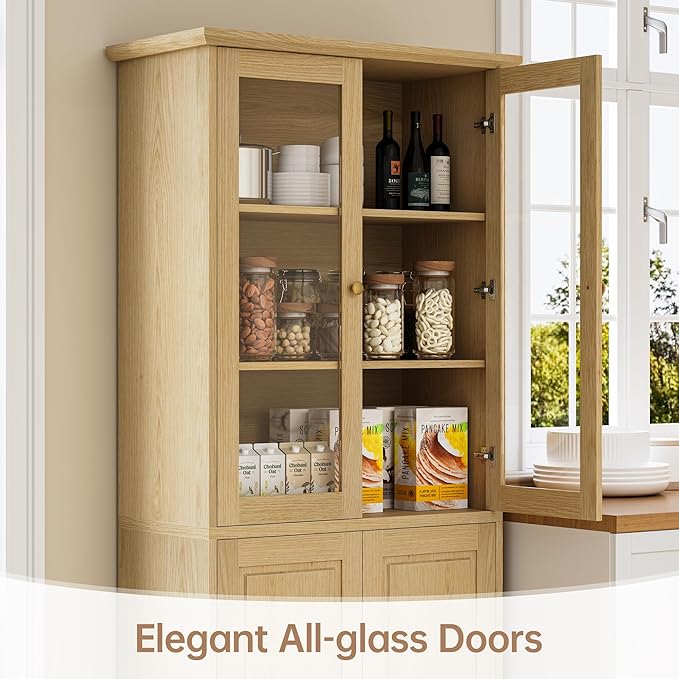 71" Kitchen Pantry Cabinet with Glass Doors, Modern Coffee Bar Storage Cabinet with Adjustable Shelves & Wooden Doors, Freestanding Cupboard for Dining Room or Living Room, Natural Wood