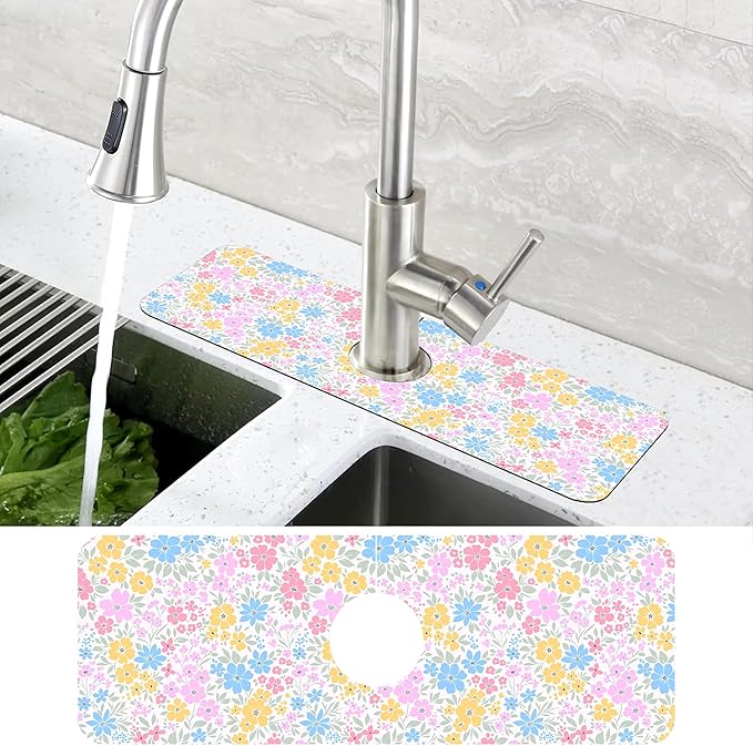 Retro Floral Cute Wildflowers Dish Drying Mat for Kitchen Sink Splash Guard Behind Faucet Sink Mat Absorbent Fast Drying Faucet Draining Mat for Bathroom Kitchen 5.5"×15"
