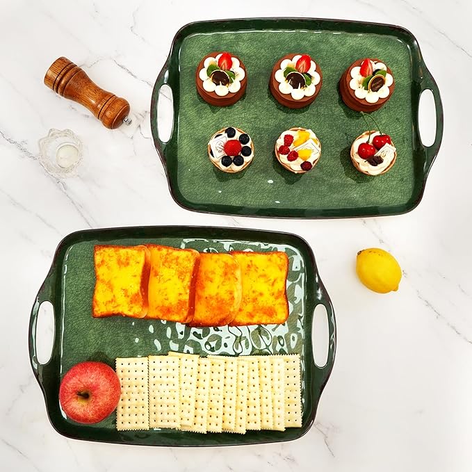 TP Large Serving Trays with Handles, 19" x 12" Melamine Serving Platters for Food, Turkey, Set of 2 Rectangular Trays for Party, Retro Green