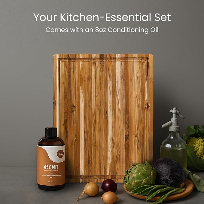 Teakhaus Carving Board and Cutting Board Oil Set - Includes Large (L) Wood Cutting Board with Grip Handles and EON Food Grade Mineral Oil - Knife-Friendly - FSC Certified