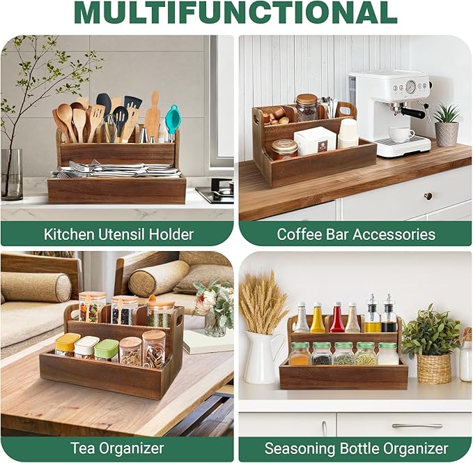 LAGOUPICK Kitchen Utensil Holder for Countertop with 4 Compartments Acacia Large Utensil Holder Wooden Storage for Cooking,Baking,Flatware Tool Kitchen Utensil Organizer