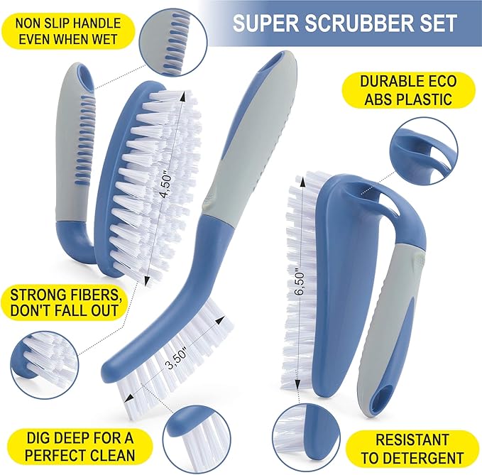 Scrub Brush Set of 6 pcs - Red or Blue Randomly Color, Cleaning Shower Scrubbers with Squeegee for Shower Glass & Adhesive Wall Hooks Including Grout Cleaner Brush for Cleaning Bathroom, Tile