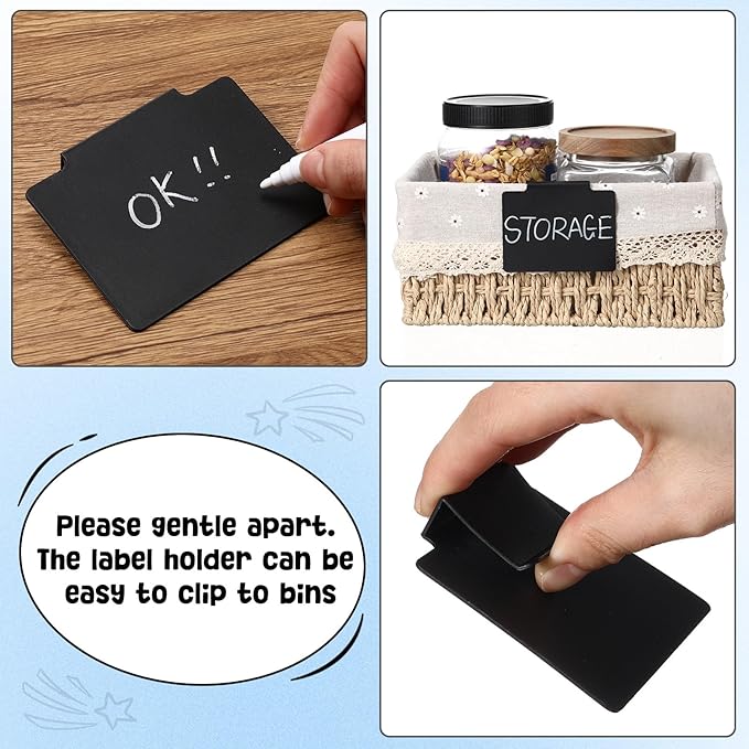 Chinco 24 Pcs Basket Label Clips Set Include 30 Removable Kitchen Clip Label Holder PVC Storage Bin with 2 Chalk Markers for Basket Kitchen Pantry Organization (White Black Clip,White Black Pen)