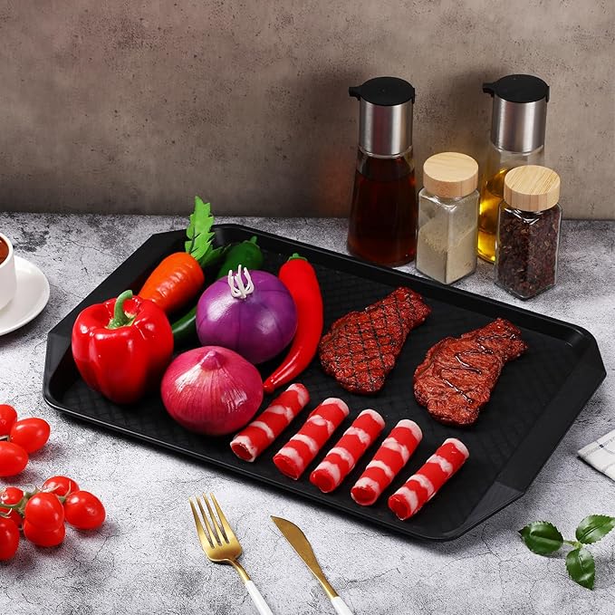 DoubleFill Set of 4 Grilling Prep and Serve Trays, 17x12 Inch 14x10 Inch Large BBQ Platter for Raw and Cooked Food Plastic Grill Tray, Black and Red Stackable Defrosting Grill Prep and Carry System