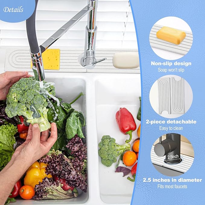Stone Faucet Mat for Kitchen Sink- 23.6''x 3.9''Diatomite Fast-Drying Faucet Mat, Super Water Absorbing Stone Tray for Sink,Faucet Splash Guard for Bathroom Counter (White)