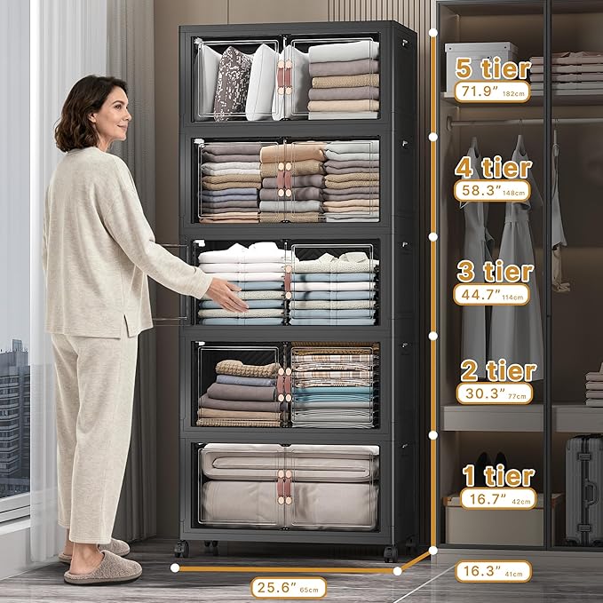 Extra Large Stackable Storage Bins with Lids & Wheels & Door,Foldable Collapsible Closet Organizers, Plastic containers drawers for bedroom Dorm (Dark-112QT, 5Pack with 1 top lid)