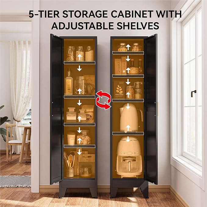 YNIQUESTLE 67" Tall Storage Cabinet with Reversible Doors and Adjustable Shelves,Metal Slim Freestanding Cabinets for Bathroom Kitchen Garage Small Spaces,Black