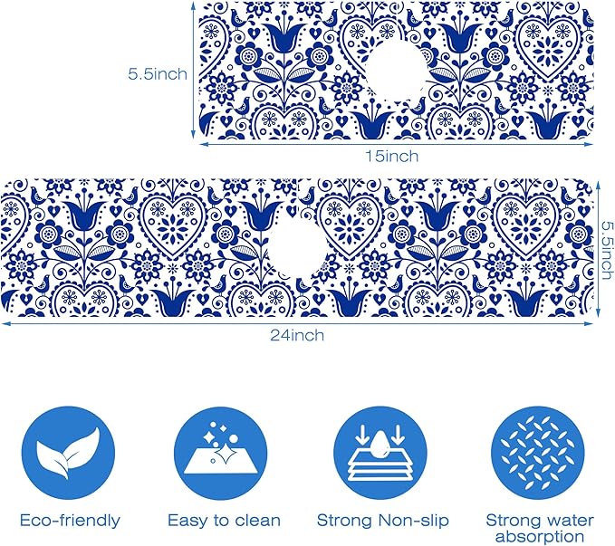Vintage Bird Heart Floral Dish Drying Mat for Kitchen Sink Navy Blue Sink Splash Guard Faucet Mat Draining Mat Fast Drying Sink Protectors for Kitchen and Bathroom 5.5"×24"