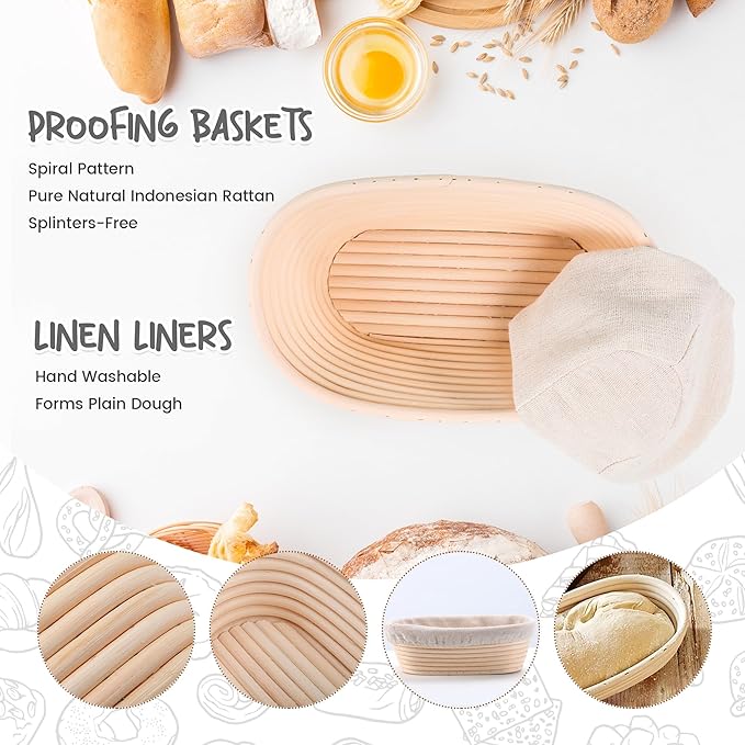 DOYOLLA Bread Proofing Baskets Set of 2 10 inch Oval Shaped Dough Proofing Bowls w/Liners Perfect for Professional & Home Sourdough Bread Baking