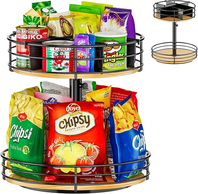 HISKIWUU 2-Tier Rotating Snack Organizer - Height Adjustable Lazy Susan Turntable for Kitchen Countertop, Black