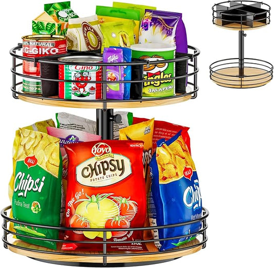 HISKIWUU 2-Tier Rotating Snack Organizer - Height Adjustable Lazy Susan Turntable for Kitchen Countertop, Black