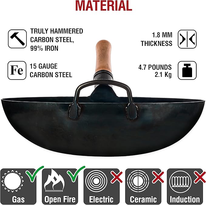 YOSUKATA Blue Carbon Steel Round Bottom Wok Pan 14" + Stainless Steel Wok Lid + 17’’ Spatula and Ladle - Set of 2 Heat-Resistant Tools