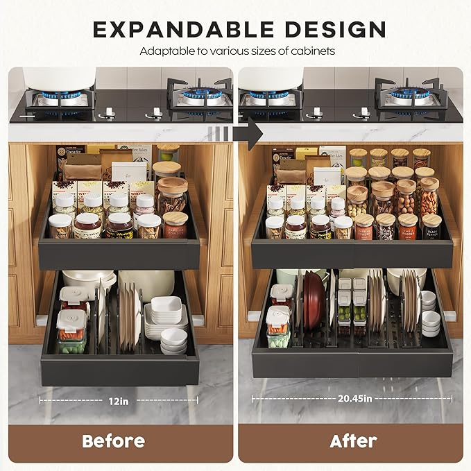 6 Pack Pull Out Cabinet Organizers 21" Deep With Raising Pad for Framed Cabinets, Expandable Slide Out Drawers with 4pcs Divider Racks, Roll Out Shelves, Adjustable Width 12"-20.45" Black
