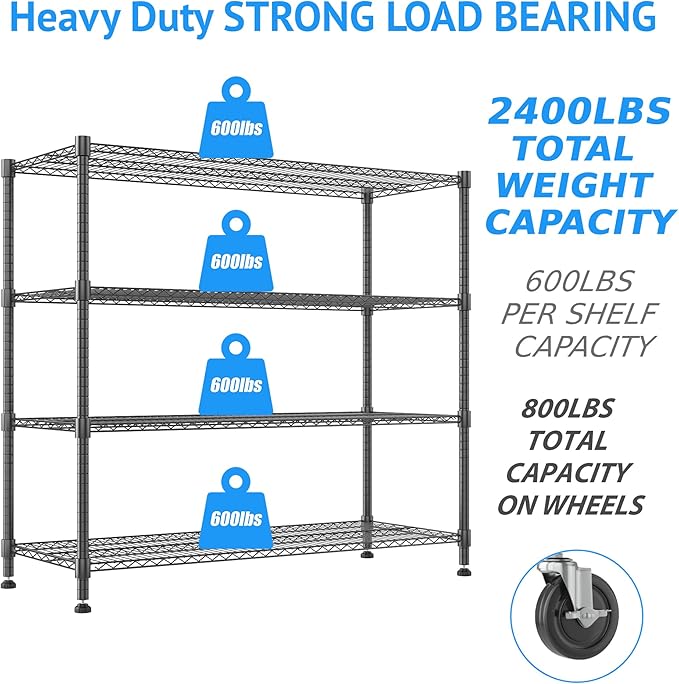 Homdox Heavy Duty Metal Shelves for Storage, 4 Tier Storage Racks and Shelving, Commercial Adjustable Wire Shelving Unit on Wheels, Garage Rack Pantry Shelves Kitchen Shelving, 18"x48"x72", Black