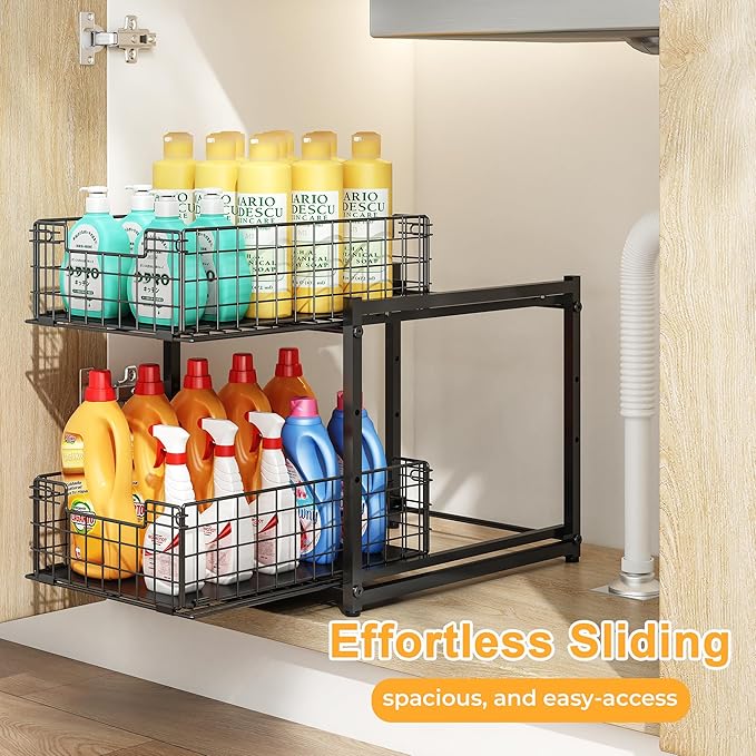 SILUB Under Sink Organizer, 2-Tier Pull Out Cabinet Organizer, Adjustable Height Bathroom Organizer and Storage, Spice Rack for Kitchen, Sliding Drawers Shelves 13.8×11×15.8 Inch (1 Pack)