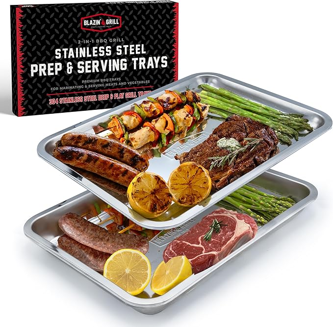 BLAZIN' GRILL Prep and Serving Trays | Set of 2 Stackable Stainless Steel Trays | Trays for Marinating, Serving & Chopping | Serving Platter for Plating Food & BBQ Prep Tub | Grilling Accessories