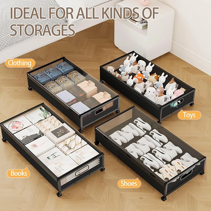 KITHELP Underbed Storage Containers with Wheels, Large Under Bed Drawers on Wheels with Removable Lids, Rolling Shoe Organizer Under Bed Storage Dresser Metal Drawers for Clothes Toys Blankets (2PACK)