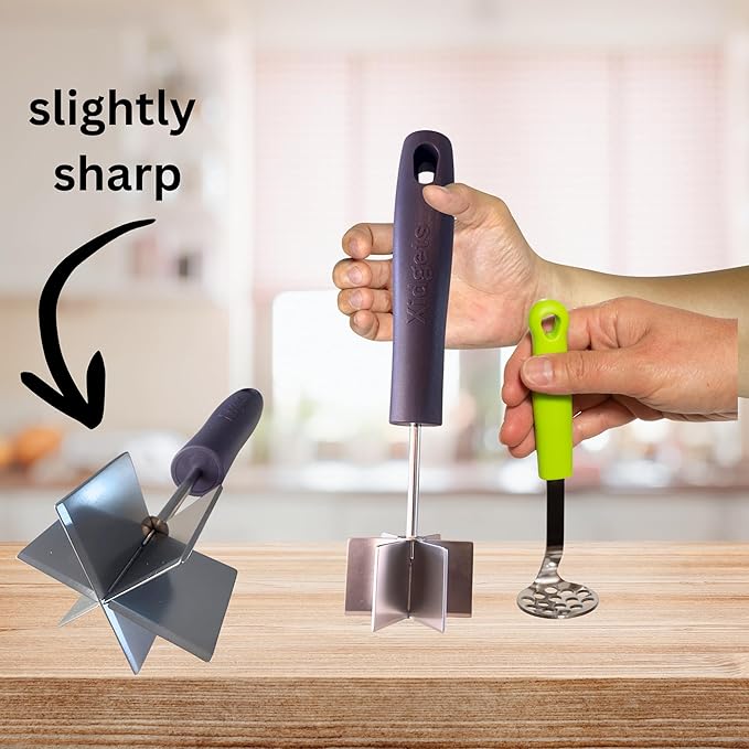 2 pc box set - Large Stainless Steel Meat Chopper & mini Avocado Masher - with Heavy Duty Handle & Mashing Head for Beef, Turkey and More – Dishwasher Safe (Midnight Plum 10"/Zippy Green Mini)