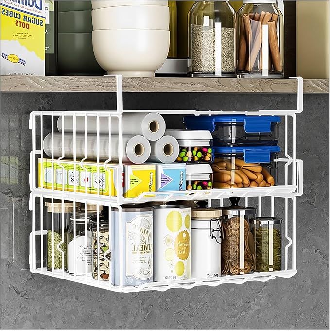 Couwilson Under Shelf Basket Storage 2Pack - 12.6in Metal Under Cabinet Shelf, Hanging Wire Basket Shelves, Undershelf Storage Basket for Kitchen Pantry Bookshelf