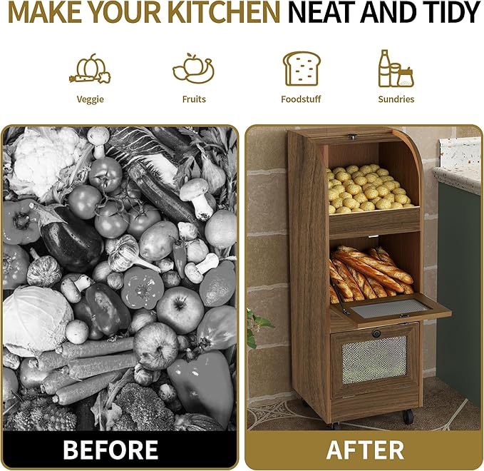 Potato and Onion Storage Bin,Potato Storage Bin Movable Bread Box with Wheels,Root Fruit and Vegetable Storage,Farmhouse Bread Storage Container,Kitchen Pantry Cabinet (Brown)
